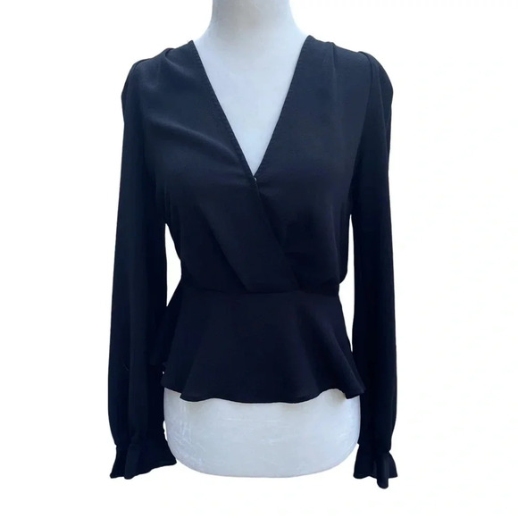 Lulus v-neck peplum black blouse top. Elastic sleeve cuffs, button at bust. - Picture 1 of 5